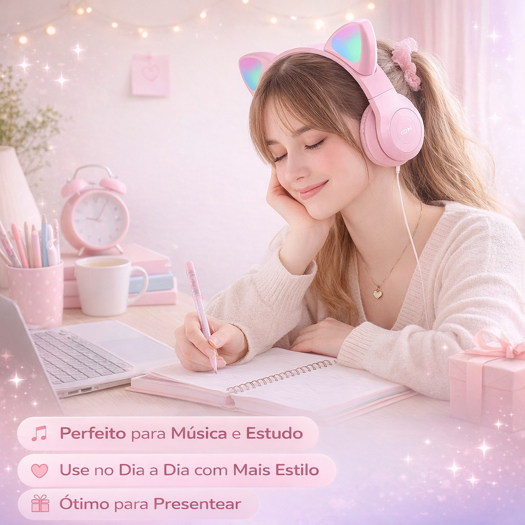 Fone De Ouvido Bluetooth Sem Fio Orelha De Gato LED Gamer Dobrável Som HD Microfone PC — imagem 3