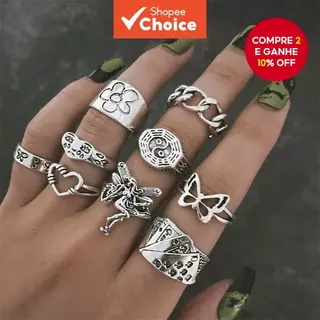 Anel De Rosto Sorridente Vintage 9 Unidades/Conjunto Anéis De Liga Empilháveis De Borboleta Ajustável Para Mulheres Roup em Oferta na Shopee