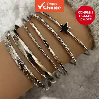 Conjunto De Pulseira De Prata Minimalista Vintage-Aberta De Estrela De Metal Ajustável-Material Ecológico em Oferta na Shopee