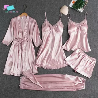 Abongbanghn 5 Peças Roupão De Seda Terno De Dormir Feminino Renda Cetim Pijamas Vestido Conjunto Com Decote Em V Cami Ca em Oferta na Shopee