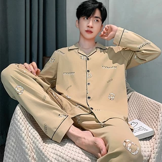 Pijamas masculinos de algodão puro 2025 novo estilo primavera verão outono inverno calças de manga comprida podem usar f em Oferta na Shopee
