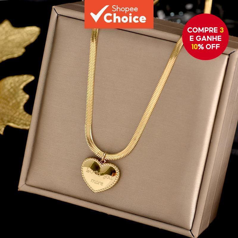Colar De Aço Titânio Trançado Dourado Elegante Luz Luxo Amor Pingente Clavícula Corrente
