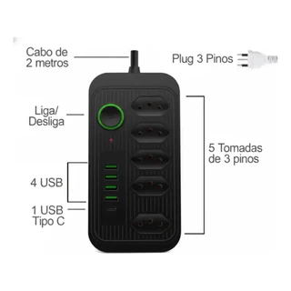 Extensão de tomada Inteligente Preta 2 Metros 5 Tomadas 4 Usb 1 Usb-c