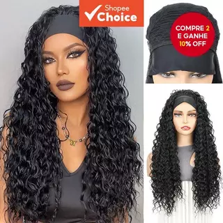 Peruca sintética com faixa de cabelo encaracolada, preta natural, longa, peruca de faixa de cabeça para mulheres em Oferta na Shopee