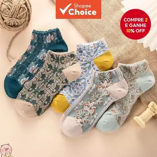 5 Pares De Meias Finas Femininas – Vintage Com Bordado Floral Para Mulheres em Oferta na Shopee