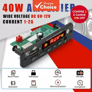 Placa Decodificadora MP3 Amplificadora 40W DC 12V 18V Bluetooth 5.0 Car FM Rádio