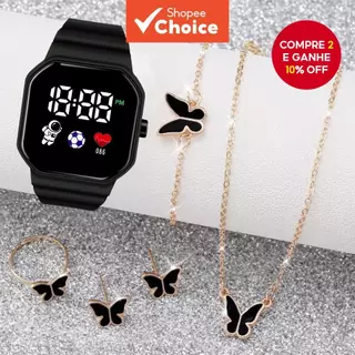 Conjunto De Relógio Digital Feminino Elegante De 6 Peças-Pulseira De Silicone Com Tela LED , E Colar Borboleta em Oferta na Shopee