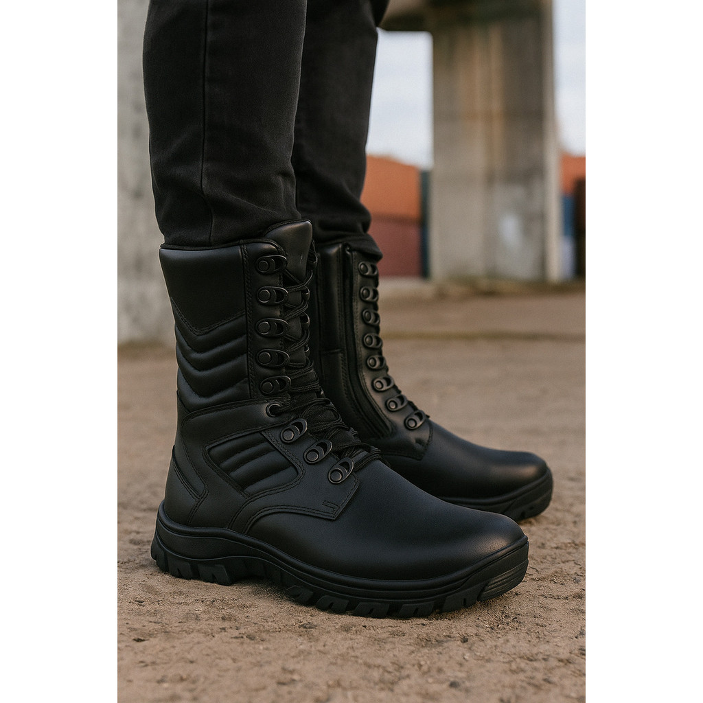 Bota Coturno Cano Alto Masculino Preto De Couro Militar | Shopee Brasil