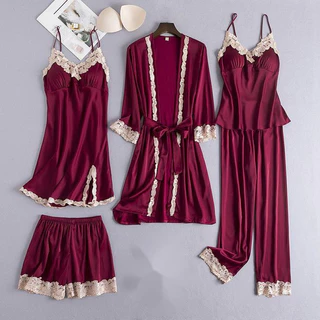 Moda 5 Pcs Conjunto Pijama Mulher Com Peito Renda De Seda Sexy Sleepwear em Oferta na Shopee