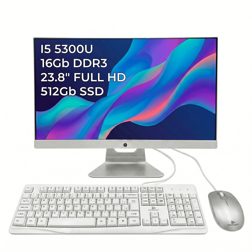 Computador All In One Intel Core I5 5ª Geração 16GB RAM DDR3 SSD 512GB Tela 23.8" 1080p WebCam C/ Teclado+Mouse USB HDMI
