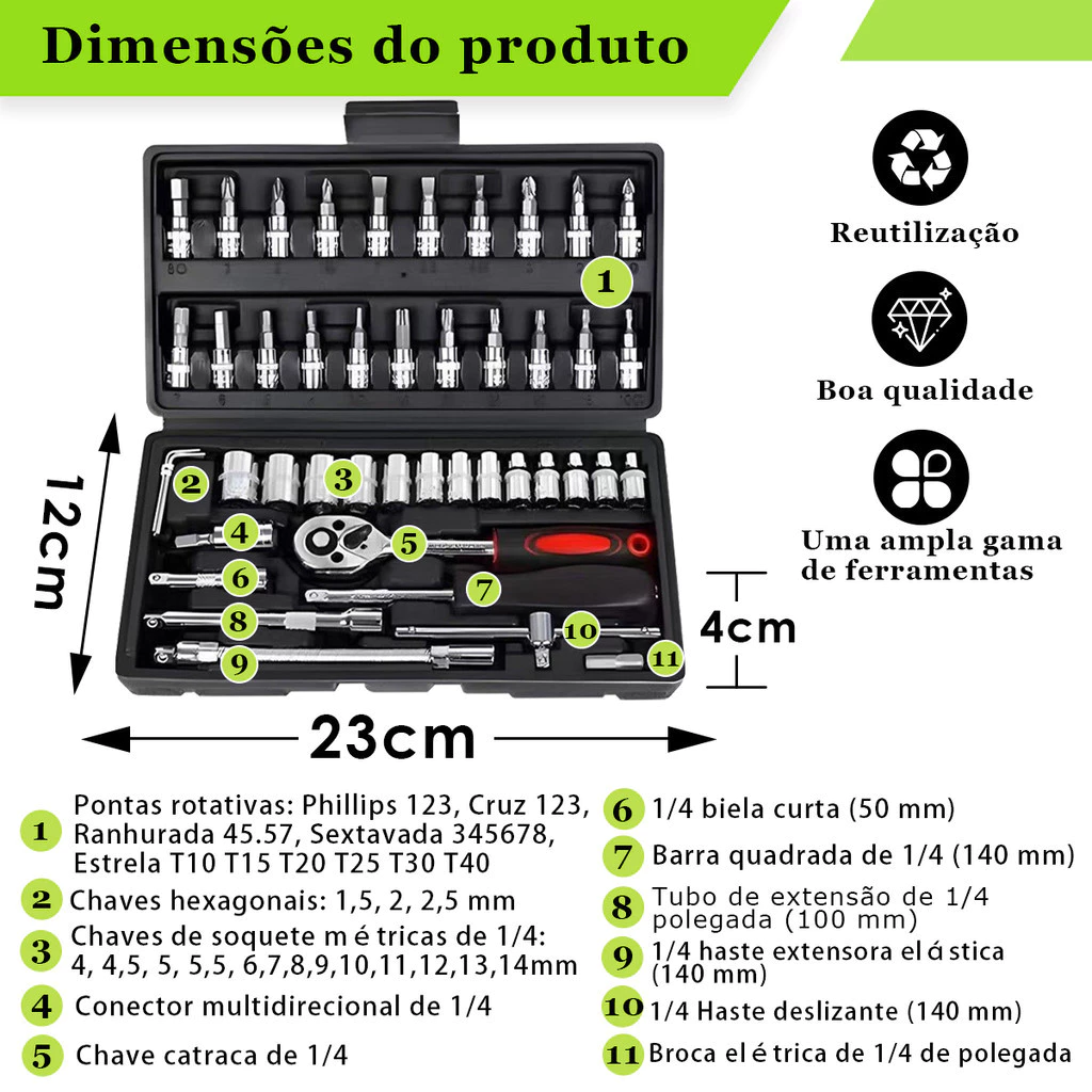 46 Kit Jogo Chave Catraca Canhão Ferramenta Maleta Reparar