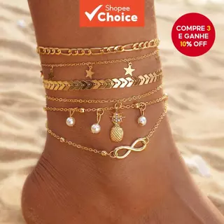 Conjunto De Tornozeleira Dourada De 5 Peças Com Estrela De Seta De Pérola De Abacaxi E Amuletos Infinitos Para Mulheres em Oferta na Shopee