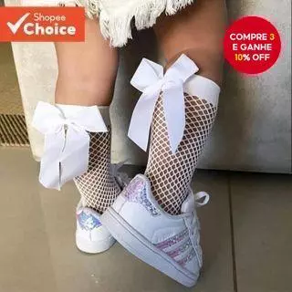 Meias Longas Arrastão Respiráveis Para Bebês Meninas Com Laço Primavera Verão Em Branco em Oferta na Shopee