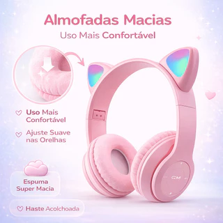 Fone De Ouvido Bluetooth Sem Fio Orelha De Gato LED Gamer Dobrável Som HD Microfone PC