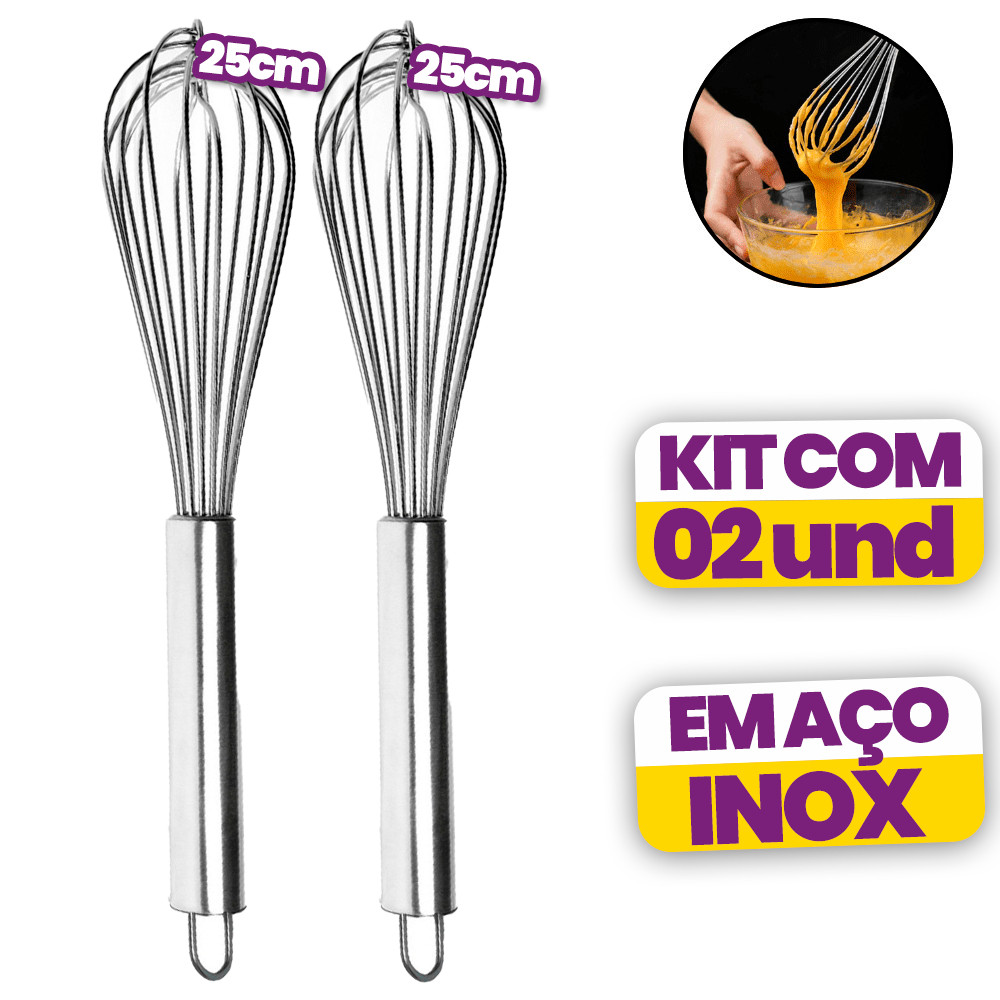 Kit 1/2 Batedor de Ovos Inox Profissional para Massas Bolos 