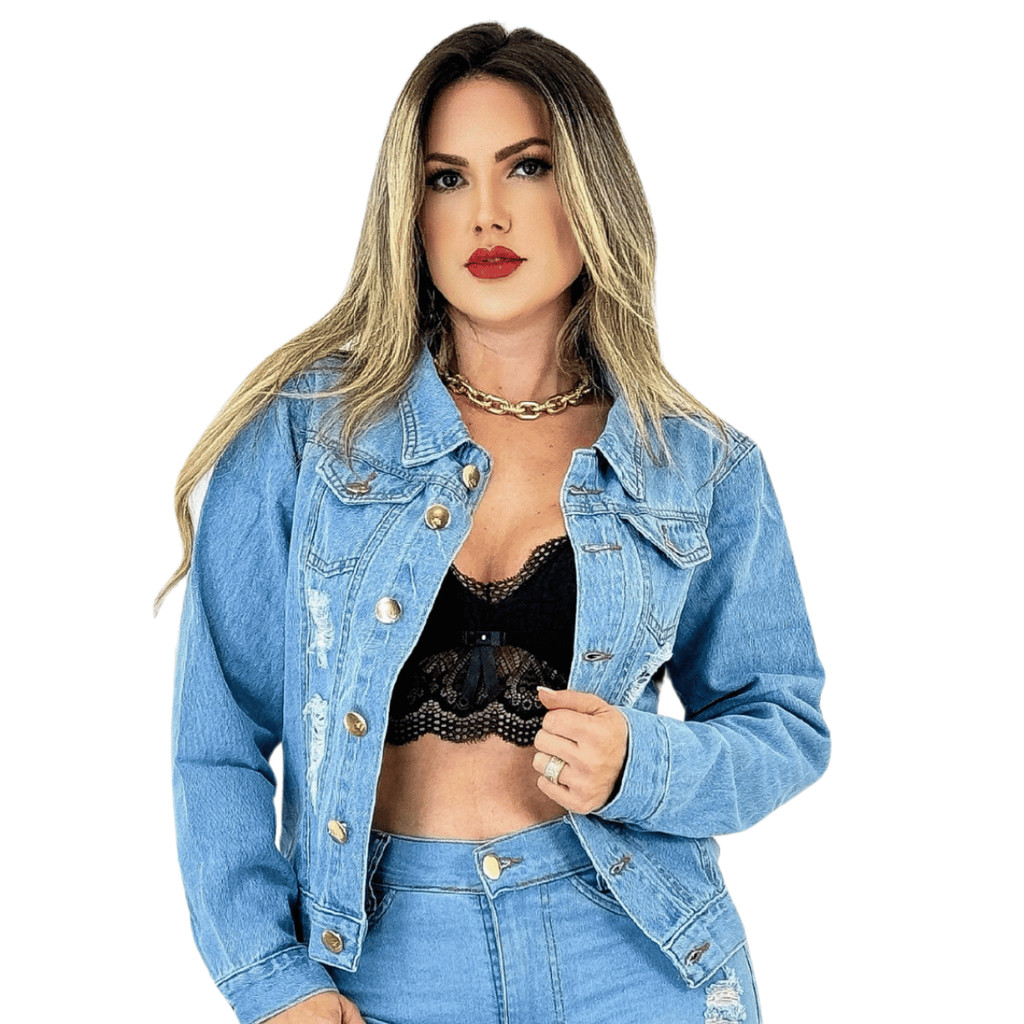 Jaqueta Jeans Feminina Clara com 7 Botões Com Detalhes Destroyed Lojas ...