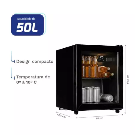 Frigobar Expositor HQ 50L Porta de Vidro Duplo Full Black com Luz Interna e Termostato HQ 50FBPV