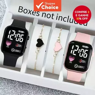 Conjunto De Relógio Digital Elegante , 4 Unidades , Caixa Quadrada , Pulseiras De Coração Para Mulheres , Presente De Na em Oferta na Shopee