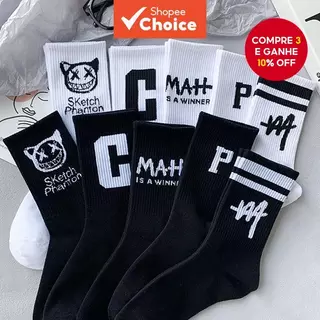 5 Pares De Meias Masculinas Respiráveis De Comprimento Médio Para Todas As Estações , Com Lindos Padrões De Letras Em Pr em Oferta na Shopee