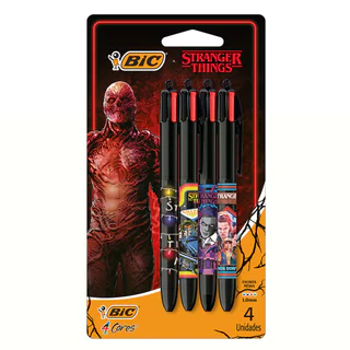 Caneta esferográfica 1.0 retrátil Stranger Things 4 cores com 4 unidades Bic Caneta esferográfica 1.0 retrátil Stranger Things 4 cores com 4 unidades Bic