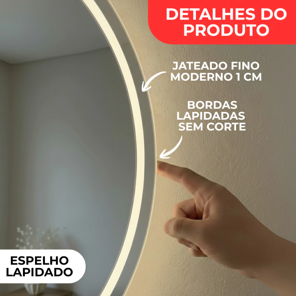 Espelho Redondo com Botão Touch 40x40cm Jateado com Led 3 Cores Lapidado Moderna Quarto Banheiro
