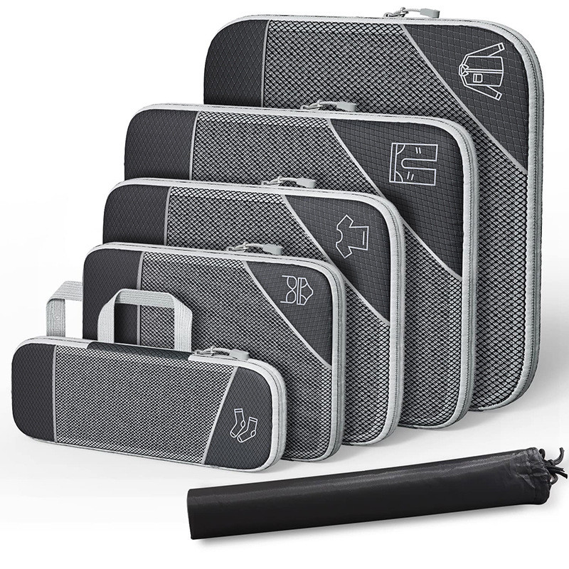 Conjunto 6 Peças Cubos Compressão Viagem - Organizador Malas, Nylon Premium com Saco Úmido
