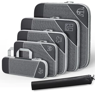 Conjunto 6 Peças Cubos Compressão Viagem - Organizador Malas, Nylon Premium com Saco Úmido