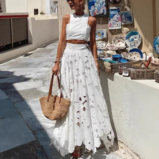 Elegante Sem Mangas Bordado Oco Renda Vestido Longo Conjunto De Férias Casual Colete Topo + Meia Saia Duas Peças