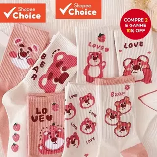 1 Par De Meias Femininas Rosa Morango Urso – Fofas De Algodão Até A Panturrilha Para Meninas , Moda Estilo Escolar Kawai em Oferta na Shopee