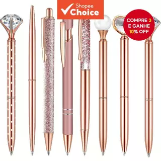 Conjunto De Canetas Esferográficas Com Glitter Em Ouro Rosa-Design De Cristal De Metal Areia Líquida Tinta Preta (Presen em Oferta na Shopee