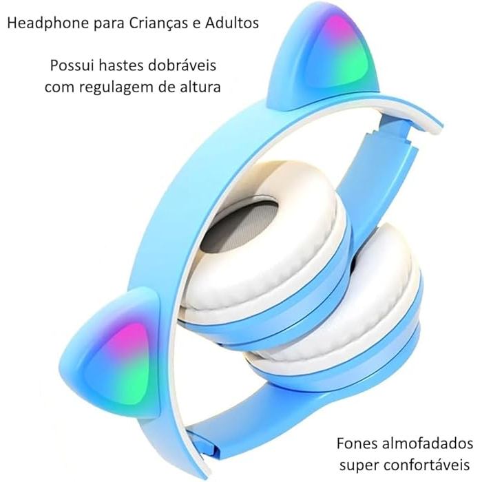 Fone De Ouvido Bluetooth Sem Fio Orelha De Gato LED Gamer Dobrável Som HD Microfone PC — imagem 5