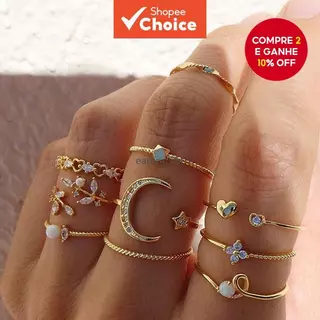 Conjunto De Anéis Geométricos De 10 Peças – Empilháveis Abertos Com Flor Da Lua E Coração Para Mulheres em Oferta na Shopee