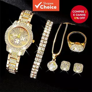 Conjunto De Relógios 6 Peças Elegantes Para Mulheres Quartzo Mostrador Romano Zircão Simulado Sem Caixa em Oferta na Shopee