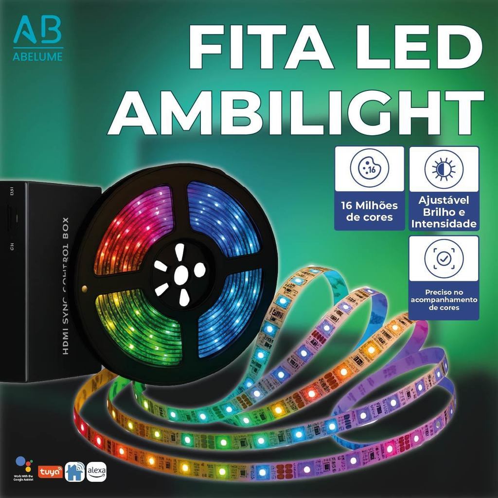 Kit Fita Led Ambilight TV Wi-Fi GMART para Smart de 55 a 65 Polegadas Luz RGB Automação Alexa Tuya