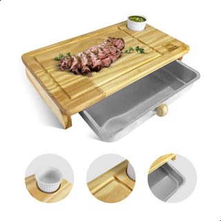 Tabua Churrasco Inteligente Madeira com Gaveta e Molheira Servir Carne Festa Gamela