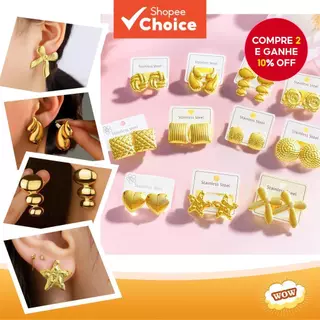 Brincos de Aço Inoxidável Banhados a Ouro 18K Joias Minimalistas Geométricas Quadrados Listras Redondas Texturizadas em Oferta na Shopee