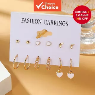 Conjunto De Brincos De Coração Estrela De 6 Unidades , Joias Da Moda Para Presente De Uso Diário em Oferta na Shopee