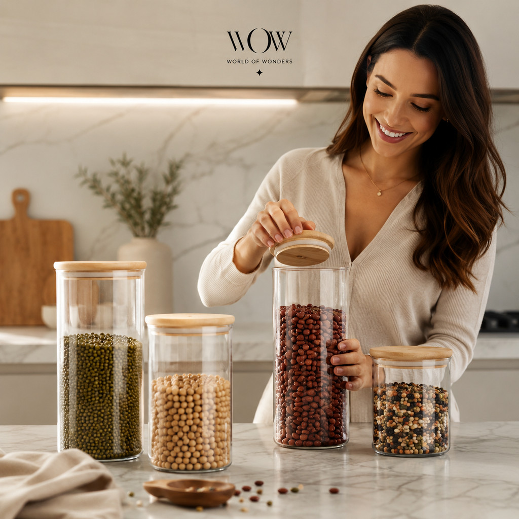 Imagem do produto Kit 4 Potes Herméticos Tampa Bambu Organizador Mantimentos Cozinha 5
