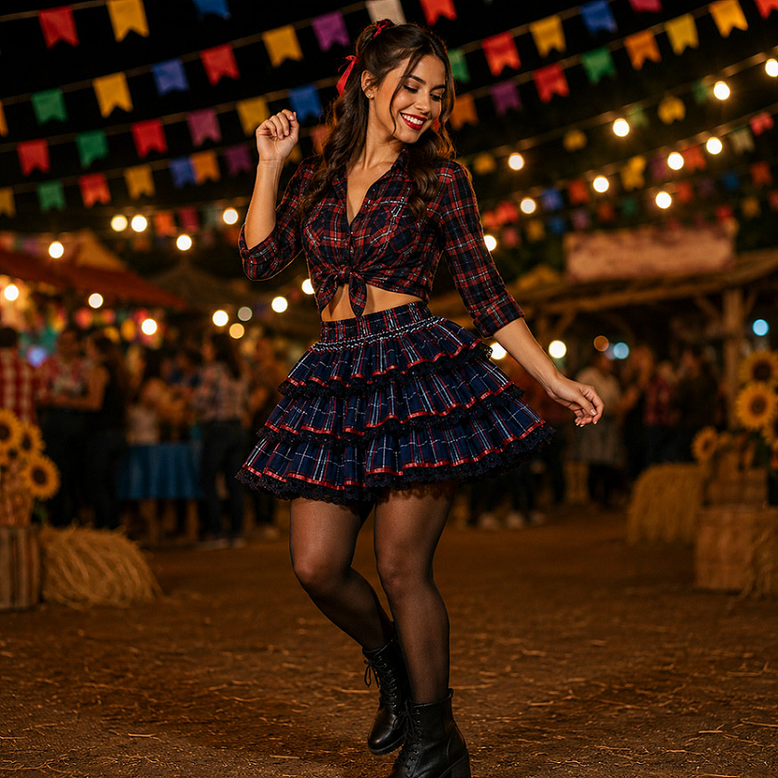 Saia Festa Junina Feminina Adulta Xadrez Caipira Renda Camadas Fantasia ...