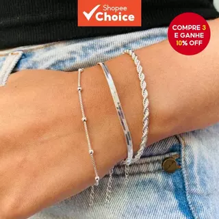 Conjunto De Pulseira Baiano Banhada A Prata 3 Peças Com Padrão De Pontos E Corrente De Cobra Em Camadas Torcidas em Oferta na Shopee