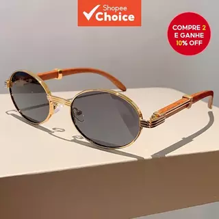 Óculos Femininos De Armação Completa Oval Retrô De Metal Imitação De Templos De Madeira Pretos Presente em Oferta na Shopee