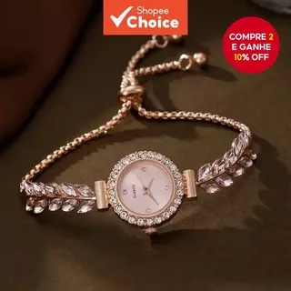Relógio De Moda Feminina Elegante WH0354GL-Design De Folha Cravejada De Diamantes Com Pulseira Ajustável em Oferta na Shopee