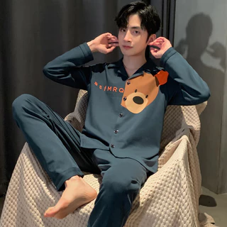 Pijamas masculinos primavera outono inverno puro algodão manga comprida calças Cardigan algodão Loungewear pode usar for em Oferta na Shopee
