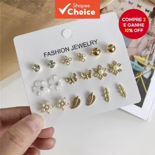 Conjunto De Brincos De Borboleta E Estrela De Folha De Flor De Pérola , 9 Peças , Joias Minimalistas Para Mulheres em Oferta na Shopee