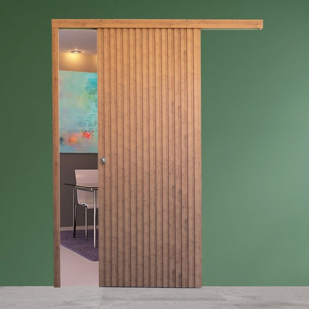 Porta de Correr de Madeira Ripada Completa 210x82cm com Fechadura e ...