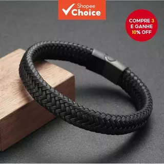Pulseira masculina de couro trançado com fecho magnético em Oferta na Shopee