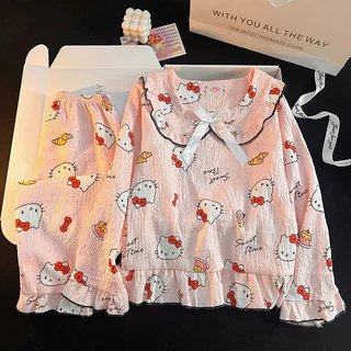Menina estilo macio bonito Kity gato impressão pijamas do bebê feminino outono inverno nuvem algodão crianças Homewear t em Oferta na Shopee