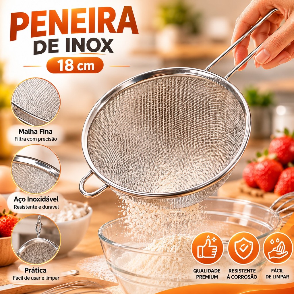 Peneira Coador Manual Em Aço Inox Para Cozinha 18CM Premium 