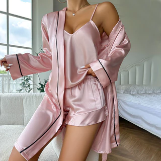 Conjuntos de pijama de seda feminino robe de cetim com camisola 3 peças sexy cami pijamas robes em Oferta na Shopee