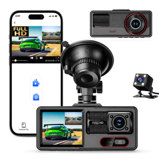 Câmera Veicular Inteligente 3 Canais Full HD WiFi Gravação Contínua e Sensor Ré